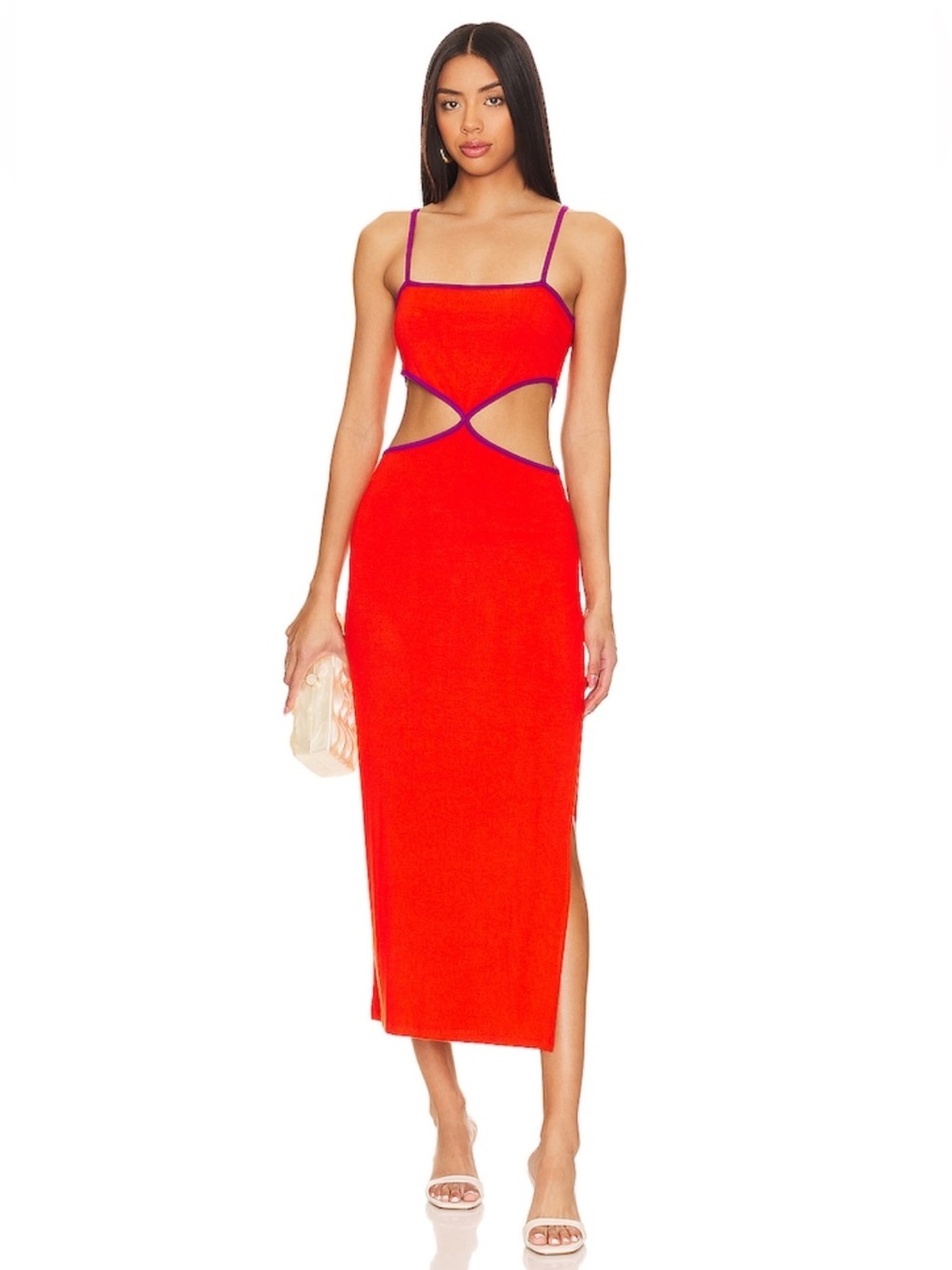 LSpace Libra Dress Pimento Berry Red Cutout Midi Dress Purple Trim Revolve L